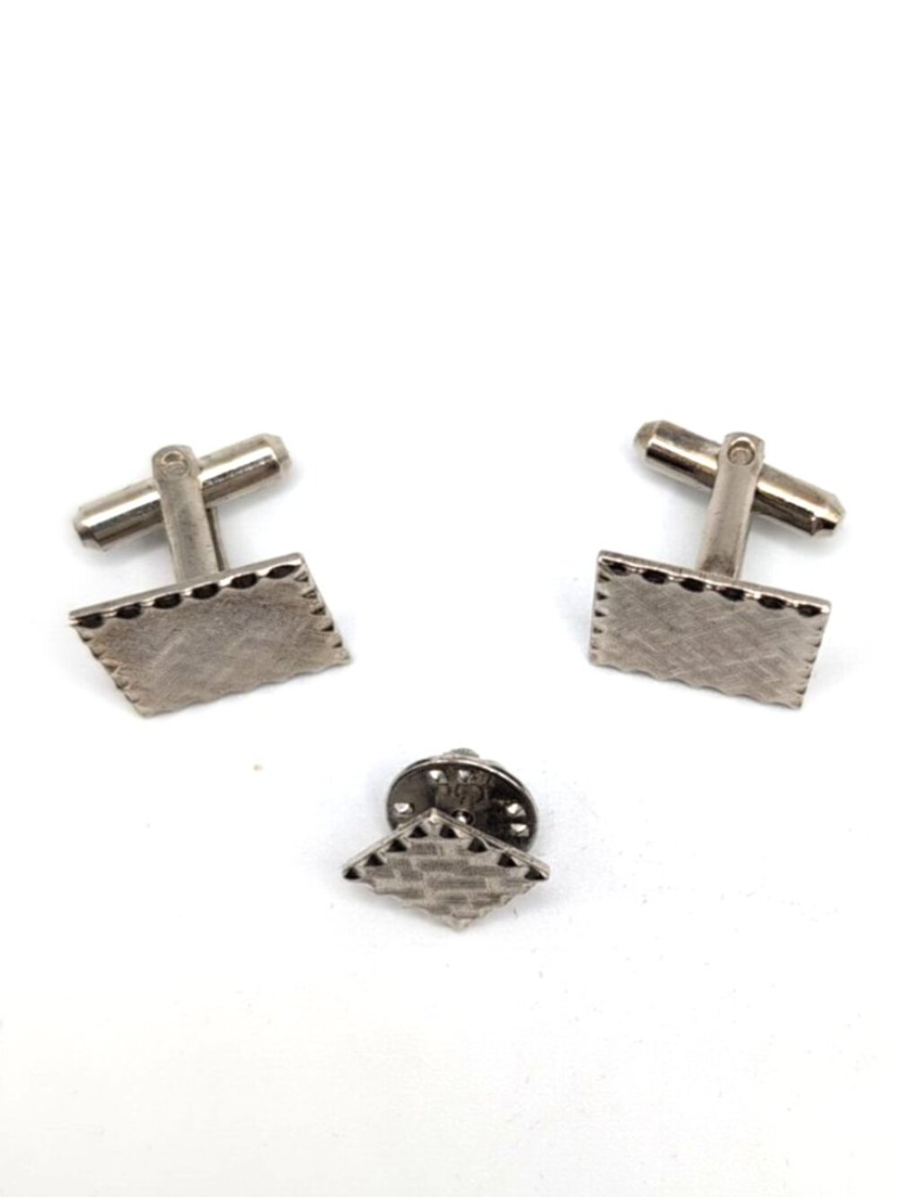 Vintage Silver Tone Textured Square Cufflinks + Matching Lapel Pin Unbranded - Picture 3 of 6